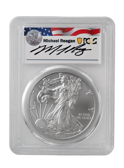 2021(P) Silver American Eagle “Emergency Issue” -MS-69 PCGS, Michael Reagan Signed Label