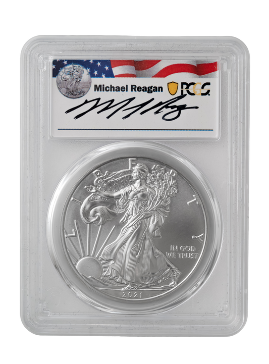 2021(P) Silver American Eagle “Emergency Issue” -MS-69 PCGS, Michael Reagan Signed Label