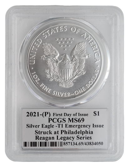 2021(P) Silver American Eagle “Emergency Issue” -MS-69 PCGS, Michael Reagan Signed Label