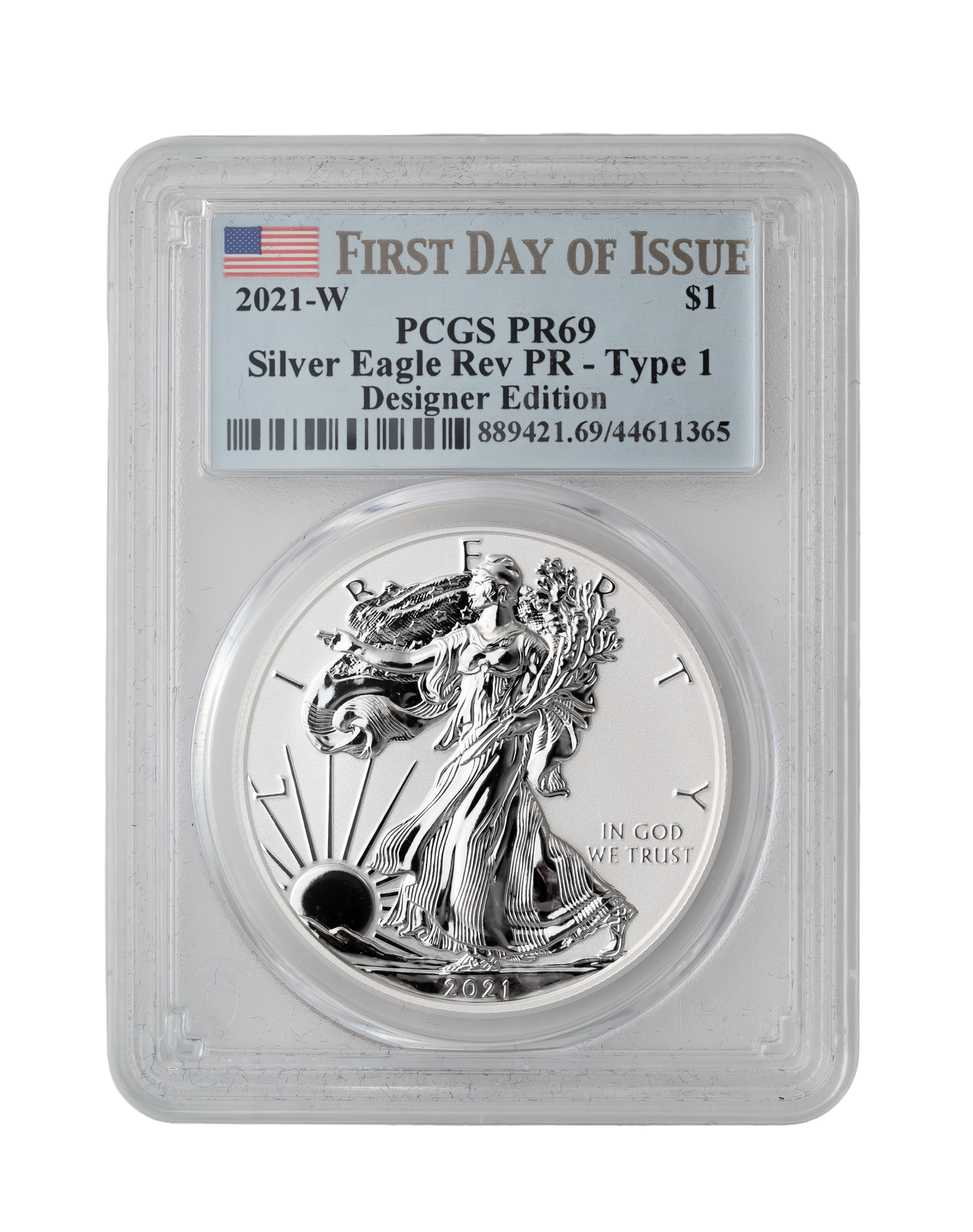 2021-W Reverse Proof American Silver Eagle Type 1 Designer Edition - PCGS PR69